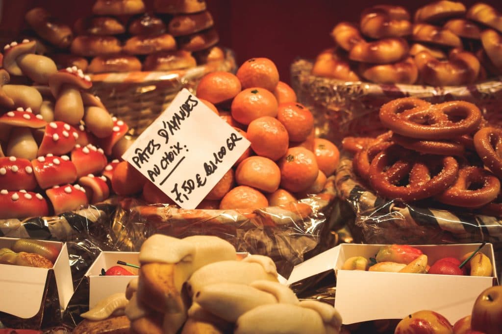 various food in a alsacian christmas market
